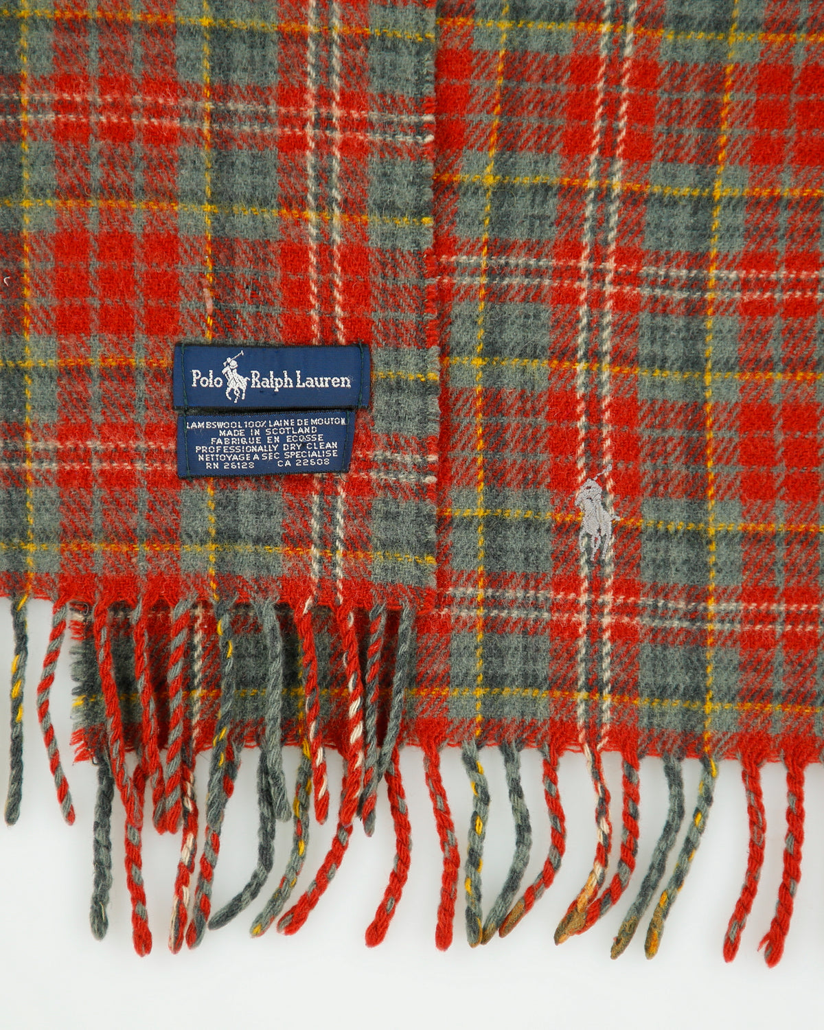 Vintage 1990s Polo Ralph Lauren Tartan Wool Made In Scotland Logo Knit Fringe Scarf