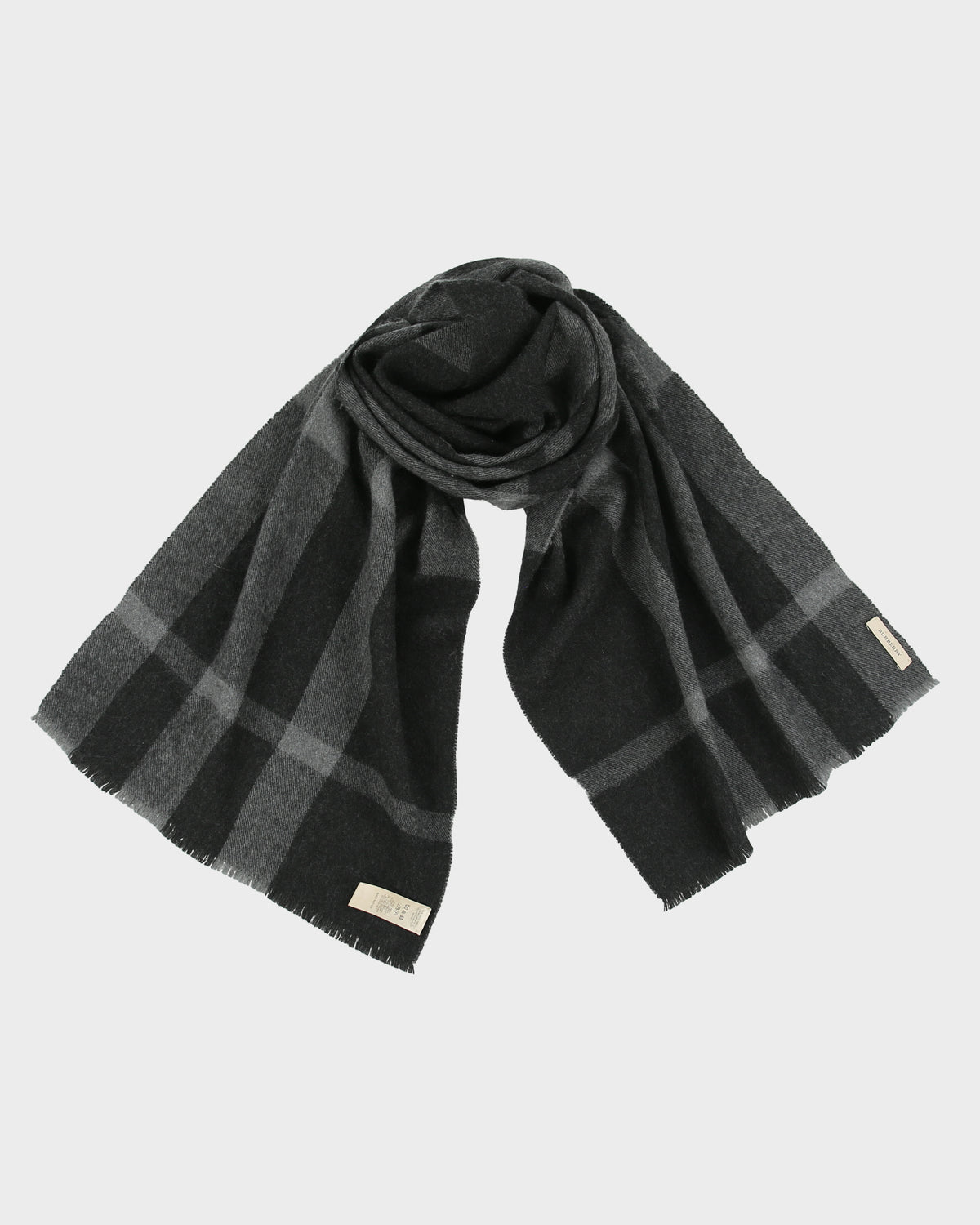 Burberry Charcoal Large Nova Check Wool Knit Made In Italy Fringe Scarf
