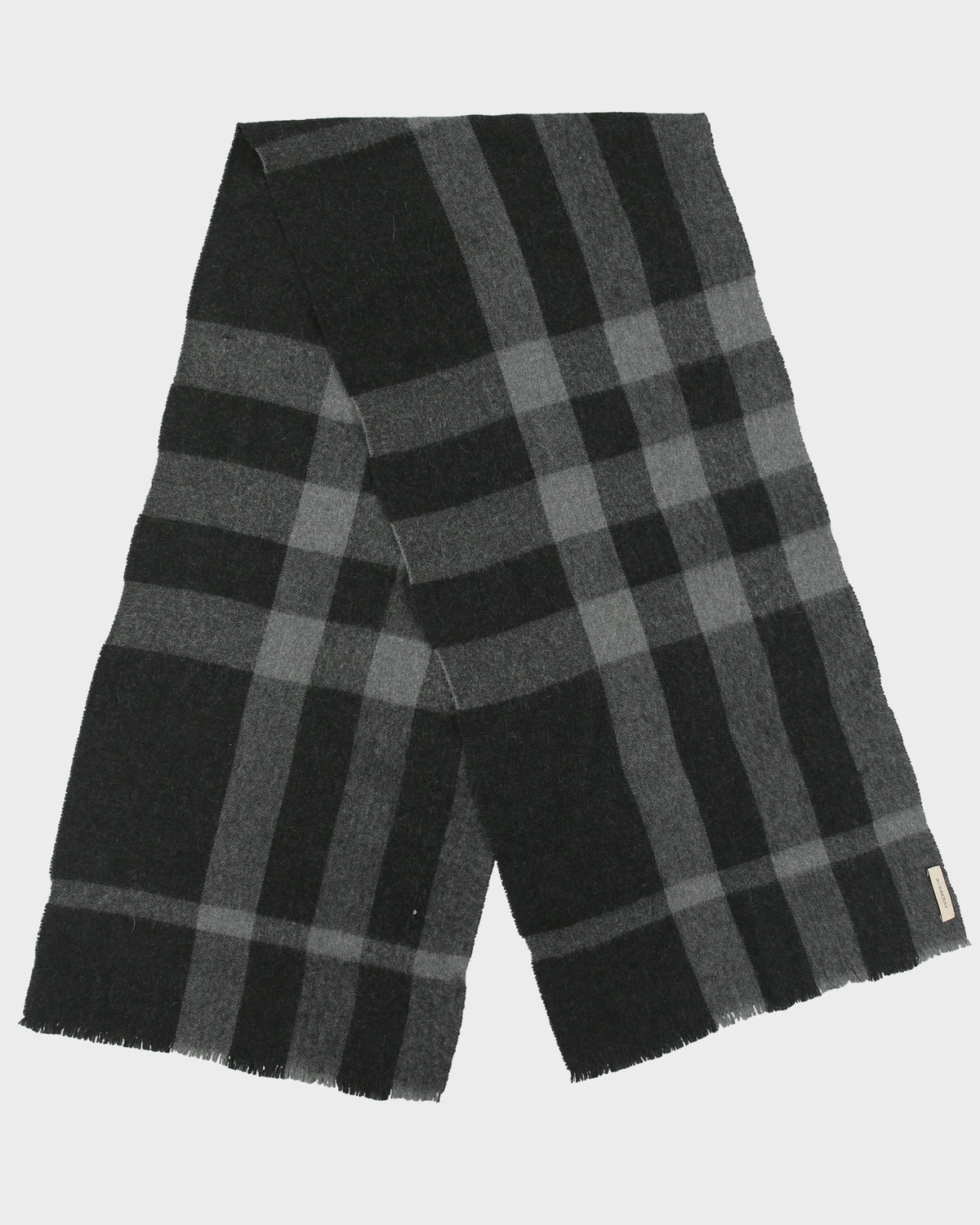 Burberry Charcoal Large Nova Check Wool Knit Made In Italy Fringe Scarf