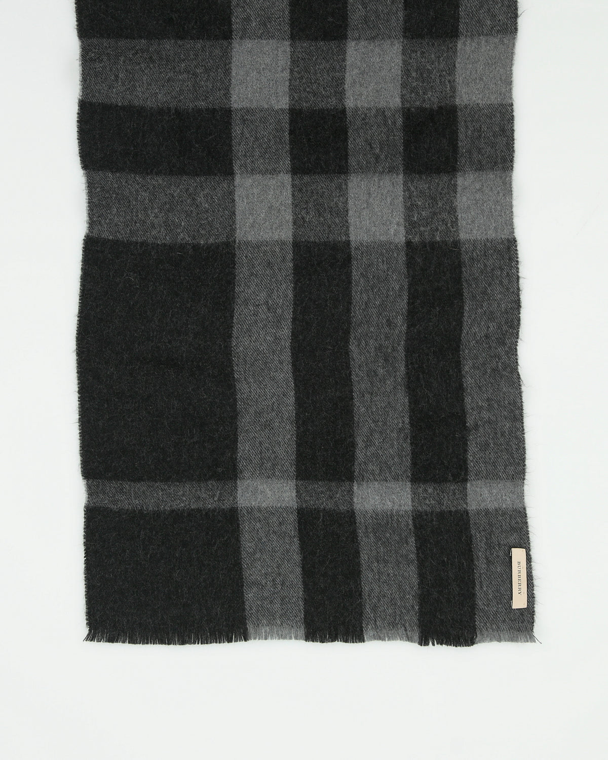 Burberry Charcoal Large Nova Check Wool Knit Made In Italy Fringe Scarf