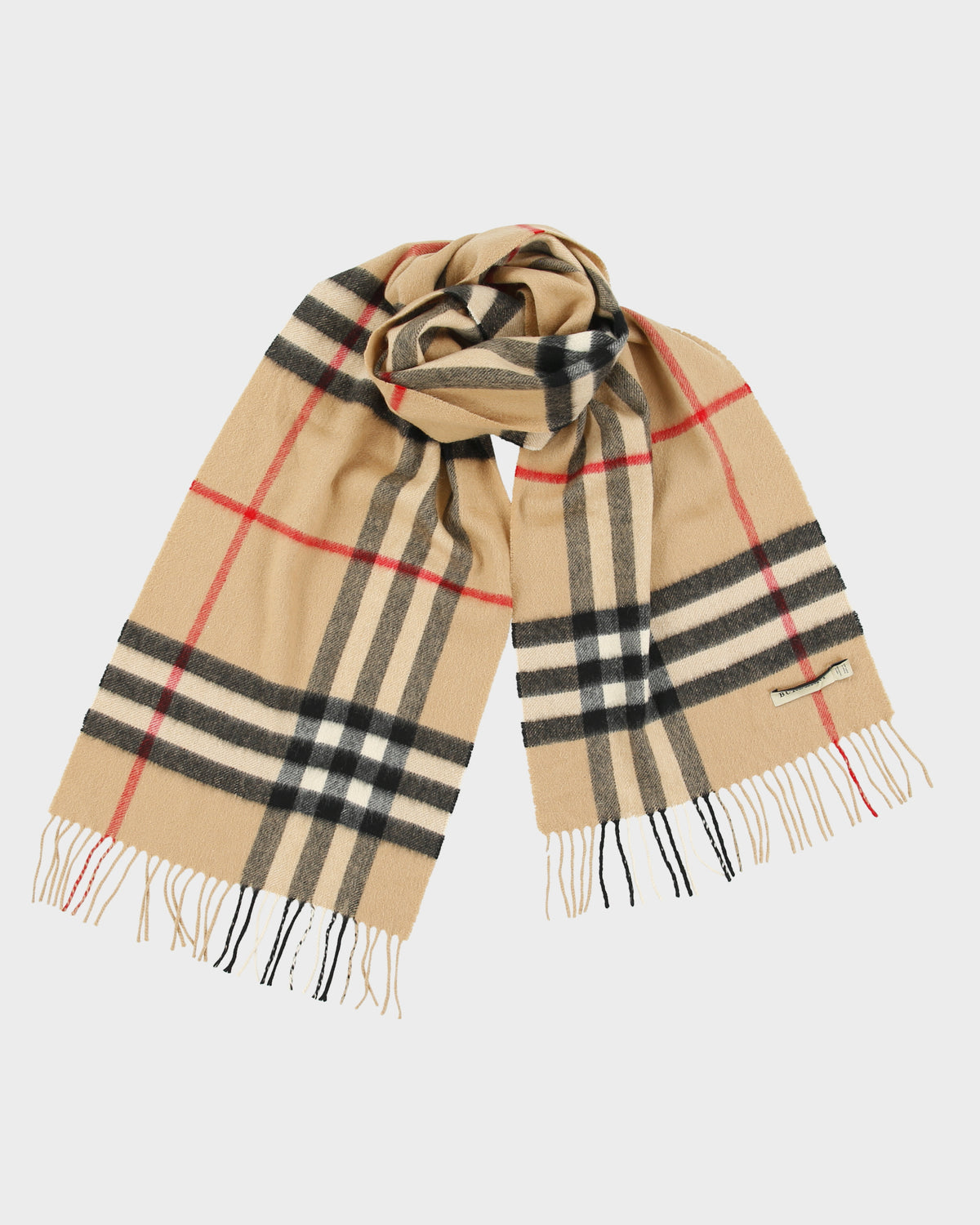 Vintage Burberry Large Nova Check Cashmere Knit Made In Scotland Fringe Scarf