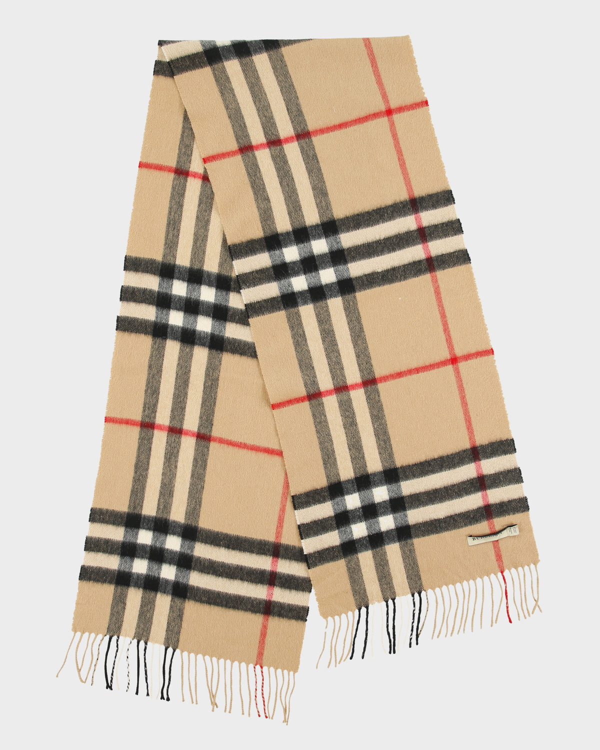 Vintage Burberry Large Nova Check Cashmere Knit Made In Scotland Fringe Scarf