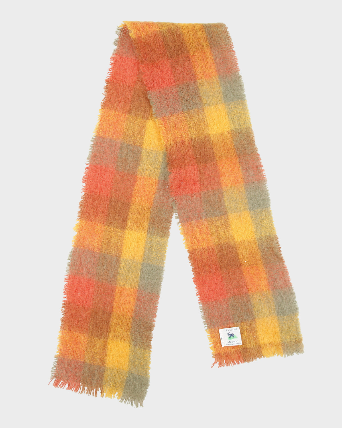 Vintage Donegal Design Patchwork Plaid Mohair Wool Knit Made In Ireland Fringe Scarf