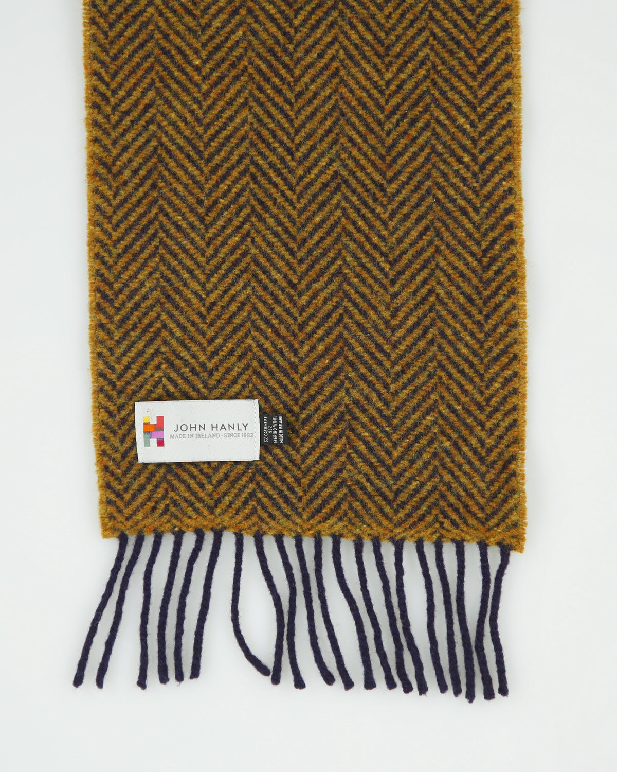 Vintage Y2K 00s John Hanly Herringbone Cashmere Merino Wool Knit Made In Ireland Fringe Scarf