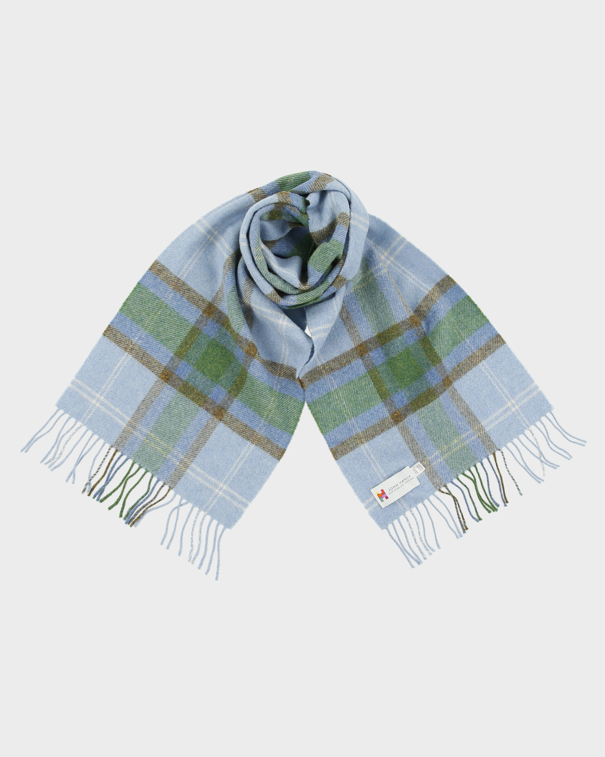 Vintage John Hanly Tartan Plaid Lambswool Knit Made In Ireland Fringe Scarf