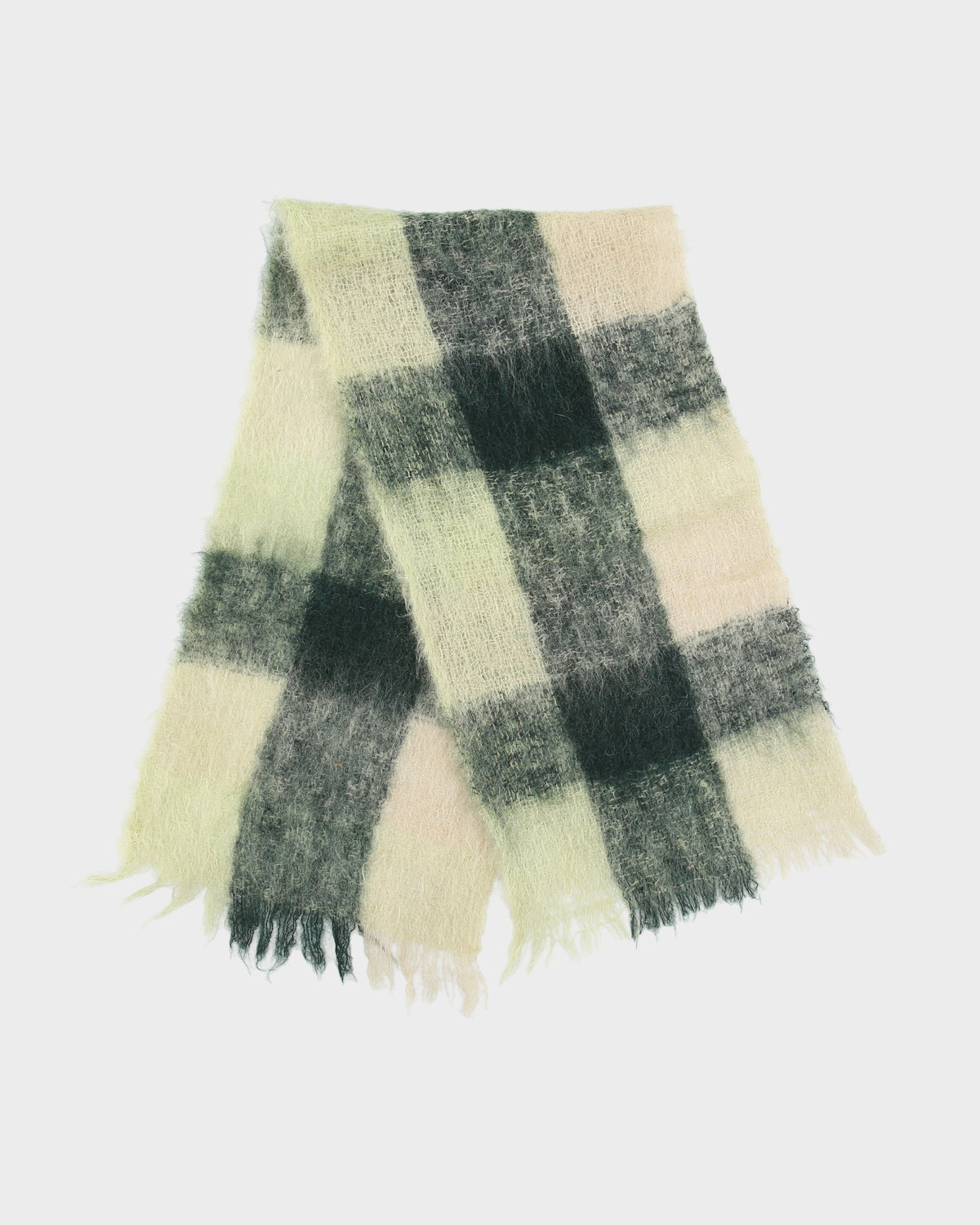 Vintage 1990s Plaid Handmade In Scotland Mohair Knit Fringe Scarf