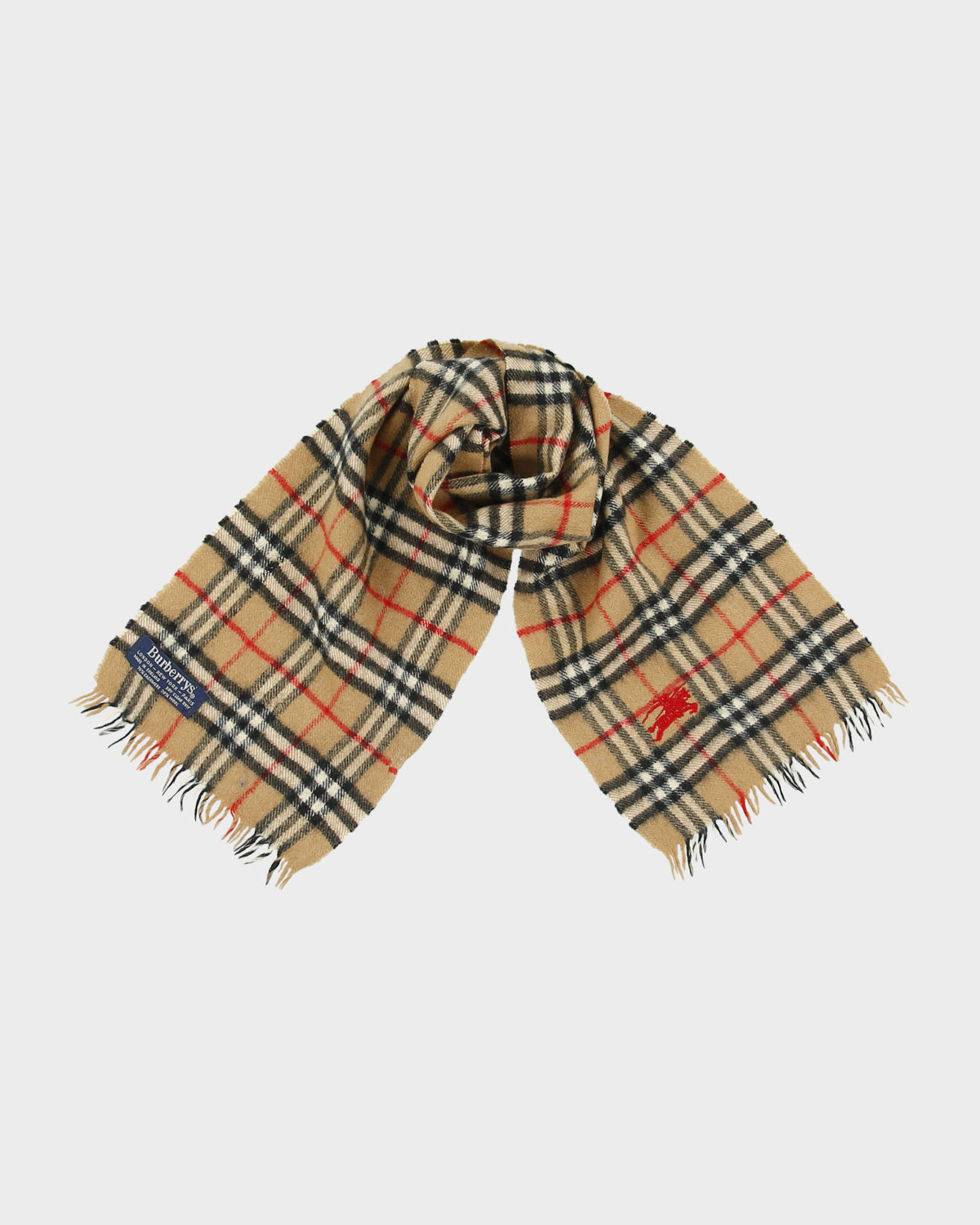 Vintage 1980s Burberry Nova Check Cashmere Wool Knit Made In England Fringe Scarf