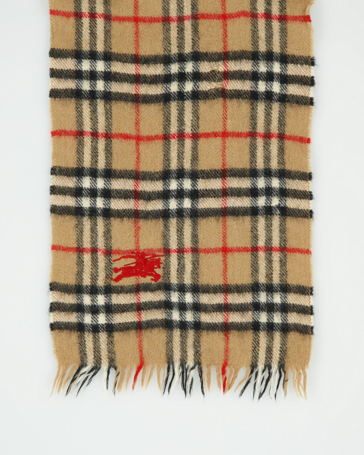 Vintage 1980s Burberry Nova Check Cashmere Wool Knit Made In England Fringe Scarf
