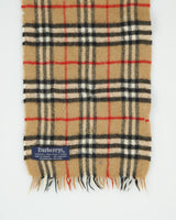 Vintage 1980s Burberry Nova Check Cashmere Wool Knit Made In England Fringe Scarf