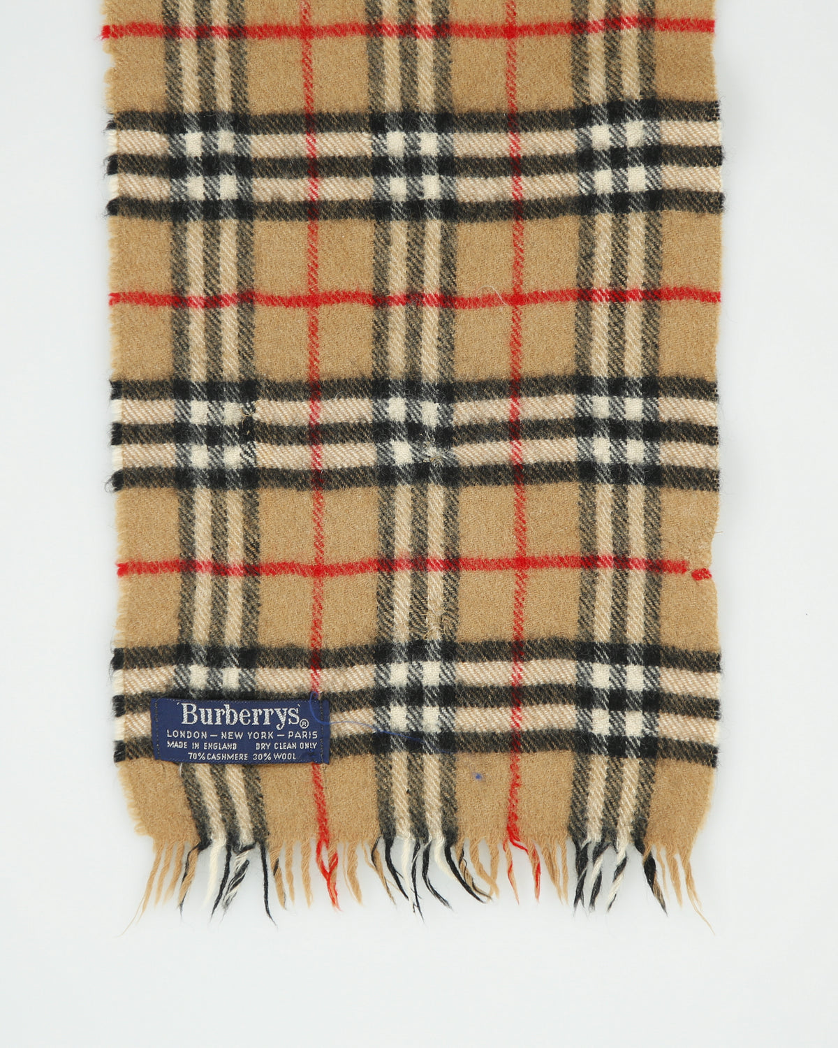 Vintage 1980s Burberry Nova Check Cashmere Wool Knit Made In England Fringe Scarf