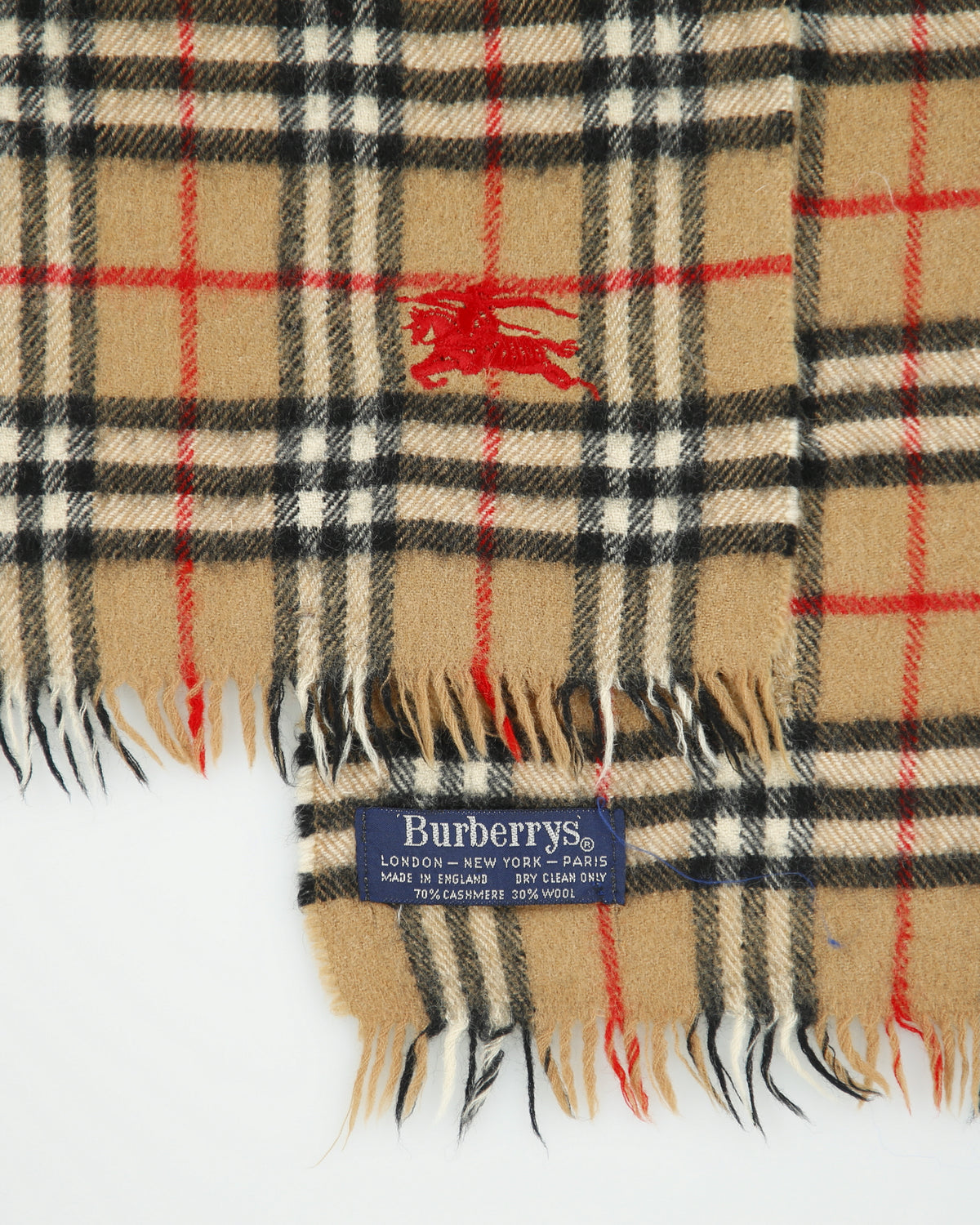 Vintage 1980s Burberry Nova Check Cashmere Wool Knit Made In England Fringe Scarf