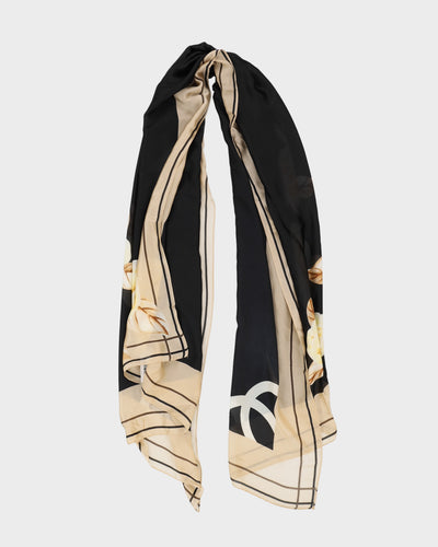 Black and Cream Floral Silk Scarf