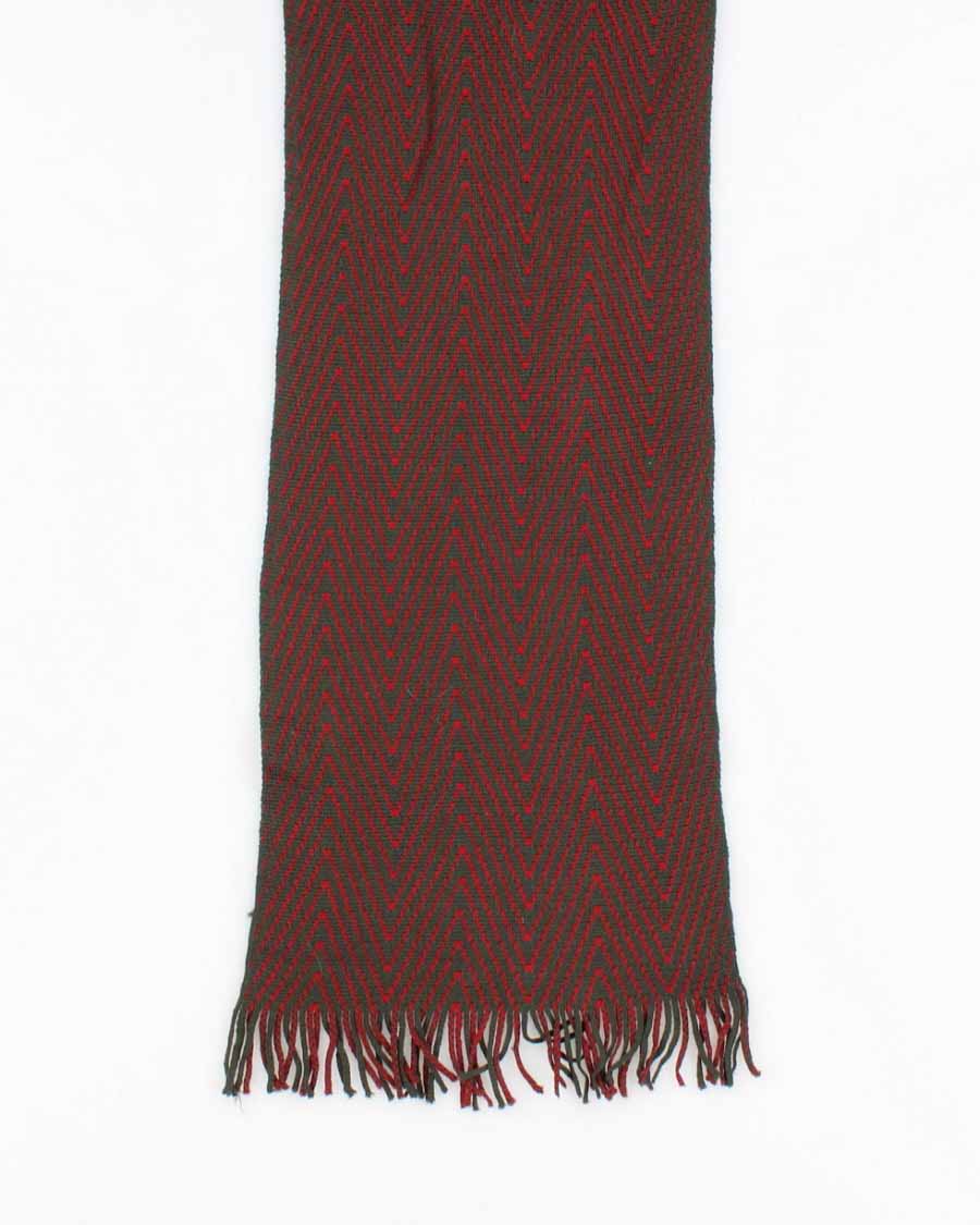 Olive Green and Red Striped Knit Scarf