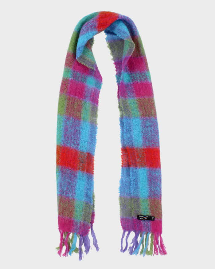 Vintage 00s John Hanly Ireland Multicoloured Mohair Blend Check Fringed Scarf