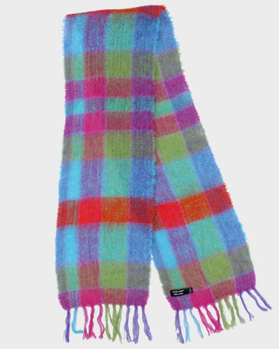 Vintage 00s John Hanly Ireland Multicoloured Mohair Blend Check Fringed Scarf