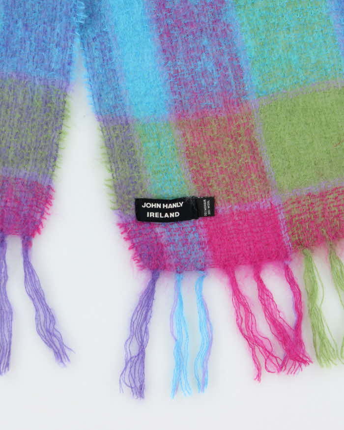 Vintage 00s John Hanly Ireland Multicoloured Mohair Blend Check Fringed Scarf