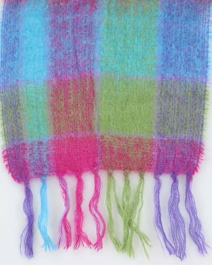 Vintage 00s John Hanly Ireland Multicoloured Mohair Blend Check Fringed Scarf