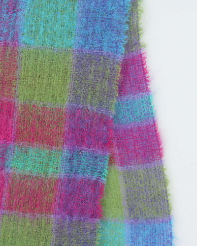 Vintage 00s John Hanly Ireland Multicoloured Mohair Blend Check Fringed Scarf