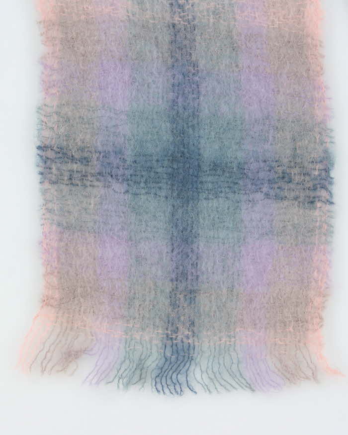 Vintage 1990s Multicoloured Mohair Blend Check Fringed Scarf