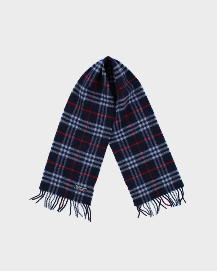 Vintage 1990s Burberry Navy Nova Check Lambswool Fringed Unisex Scarf