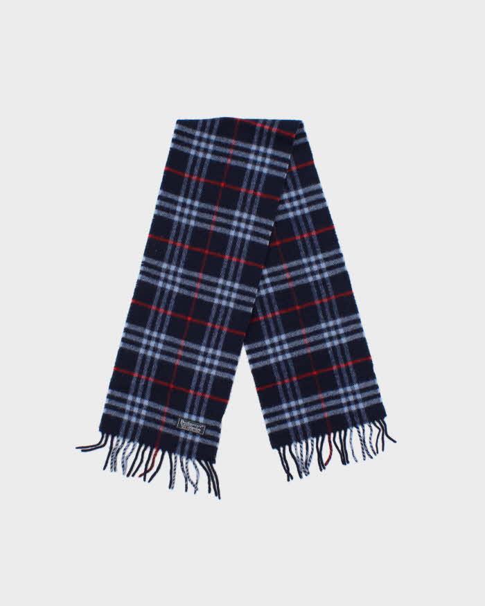 Vintage 1990s Burberry Navy Nova Check Lambswool Fringed Unisex Scarf