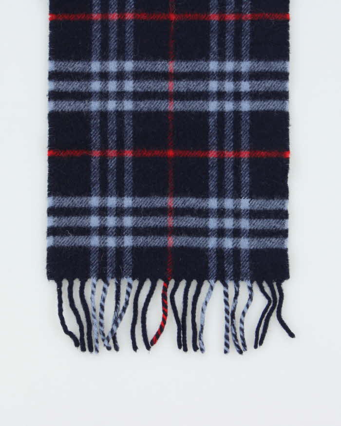 Vintage 1990s Burberry Navy Nova Check Lambswool Fringed Unisex Scarf