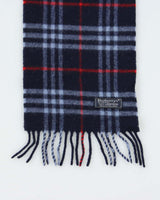 Vintage 1990s Burberry Navy Nova Check Lambswool Fringed Unisex Scarf
