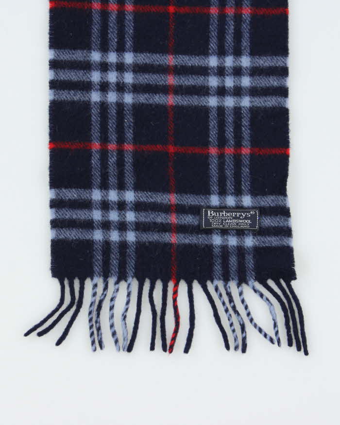 Vintage 1990s Burberry Navy Nova Check Lambswool Fringed Unisex Scarf