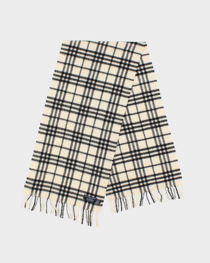 Vintage Y2K 00s Burberry Nova Check Cream Cashmere Unisex Fringed Scarf