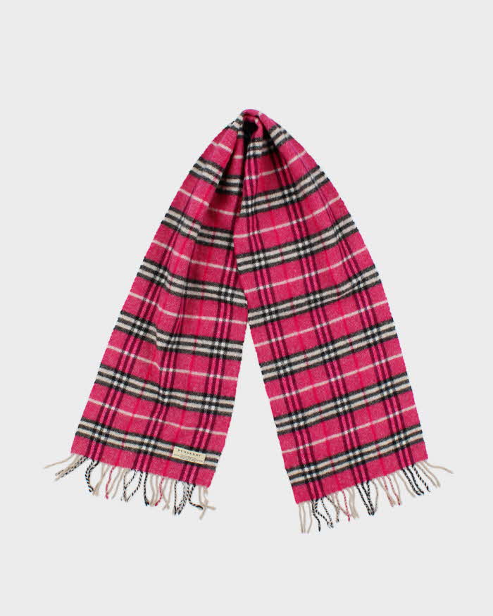 Vintage Y2K 00s Hot Pink Burberry Nova Check Lambswool Fringed Unisex Scarf