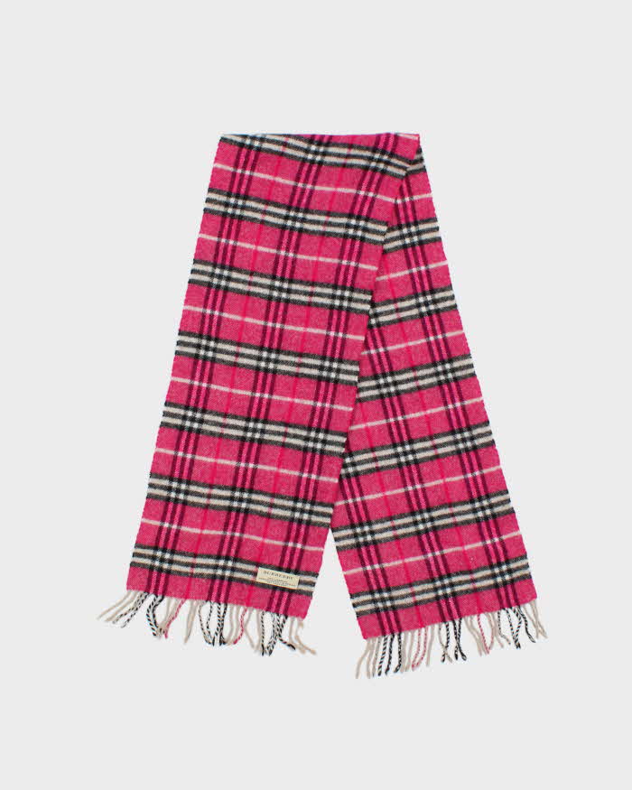 Vintage Y2K 00s Hot Pink Burberry Nova Check Lambswool Fringed Unisex Scarf