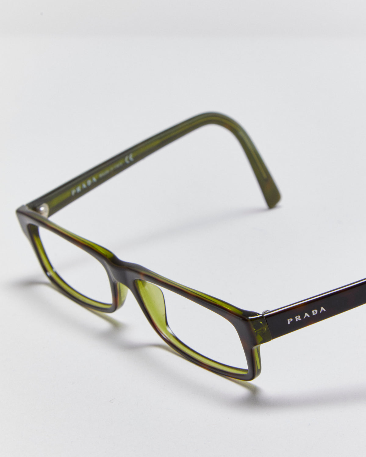 Vintage Y2K 00s Prada Tortoise Shell &amp; Green Slim Rectangle Glasses Frames