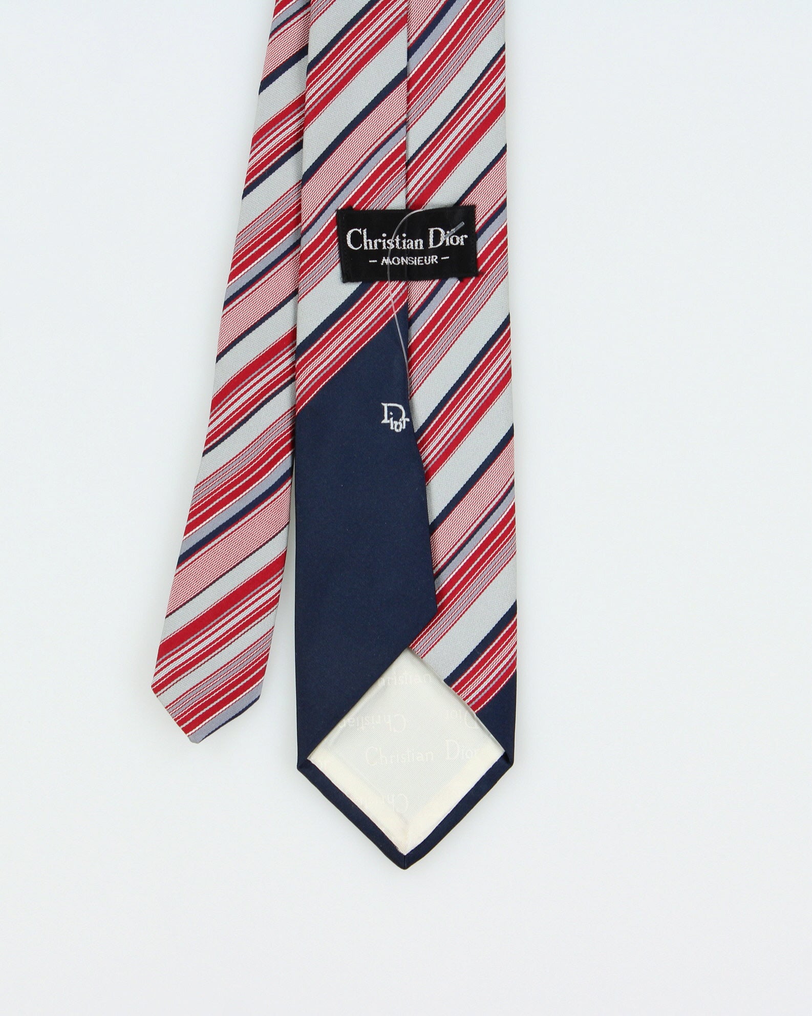 Vintage 1980s Christian Dior Monsieur Embroidered Logo Striped Silk Tie