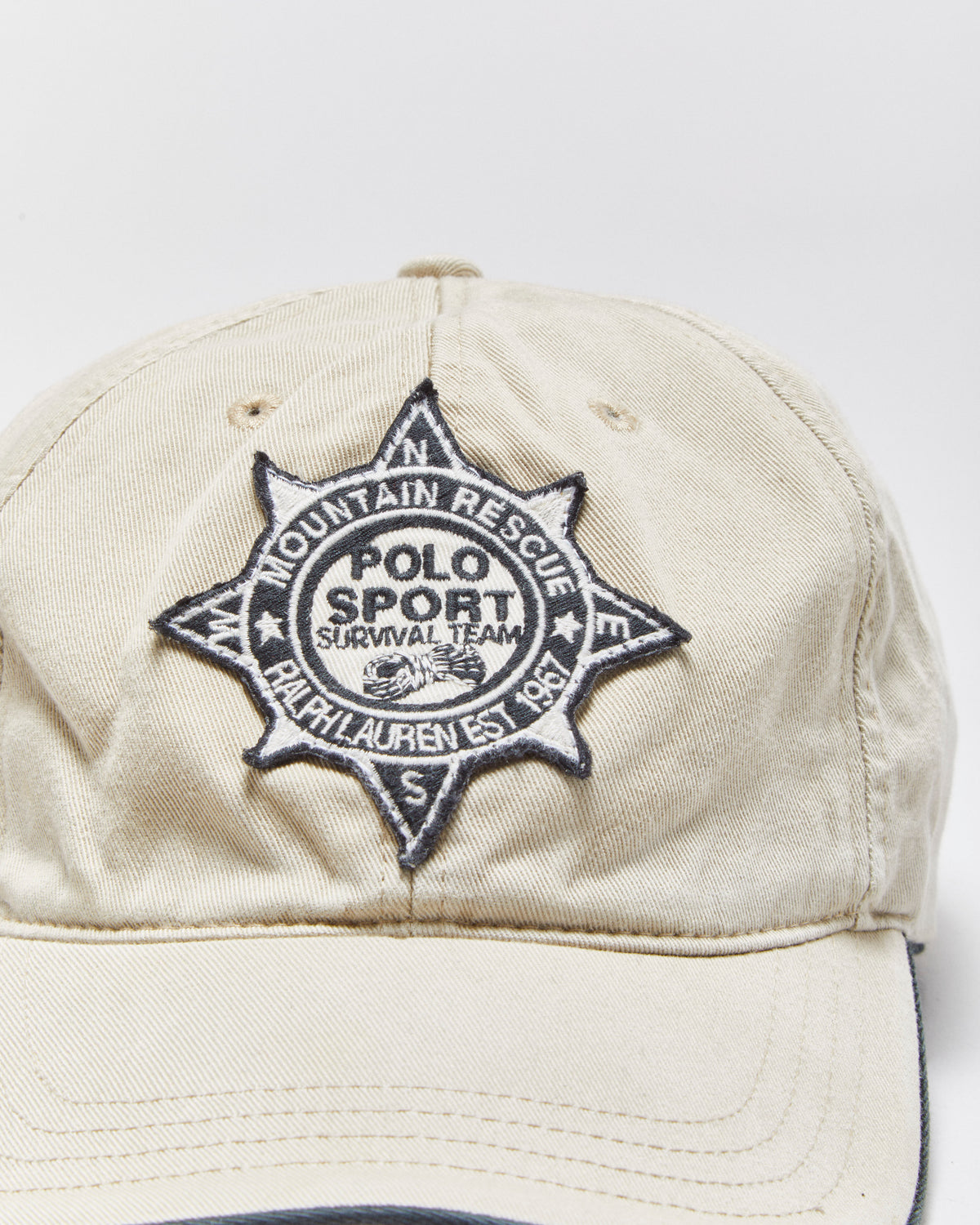 Vintage 1990s Polo Ralph Lauren Polo Sport Survival Team Mountain Rescue Patch Khaki Canvas Baseball Cap - OS