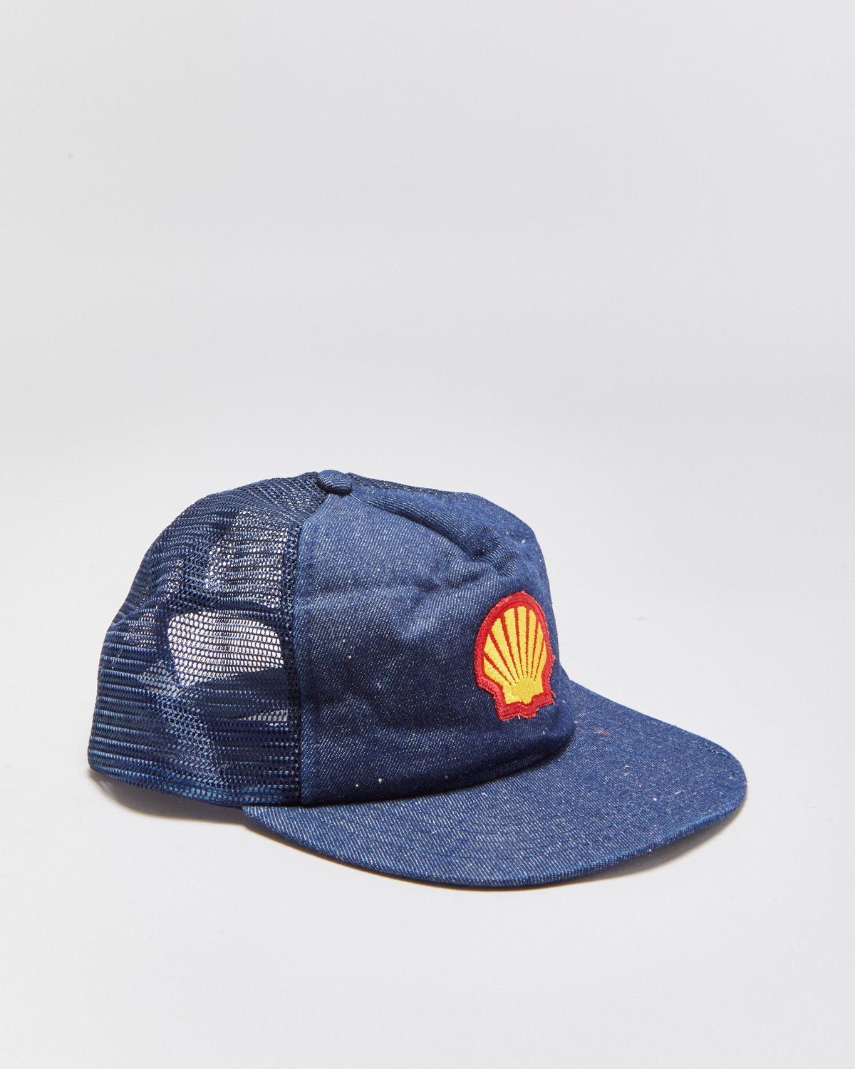 DS Vintage 1990s Shell Motor Oil Indigo Denim Flat Brim Trucker Hat - OS