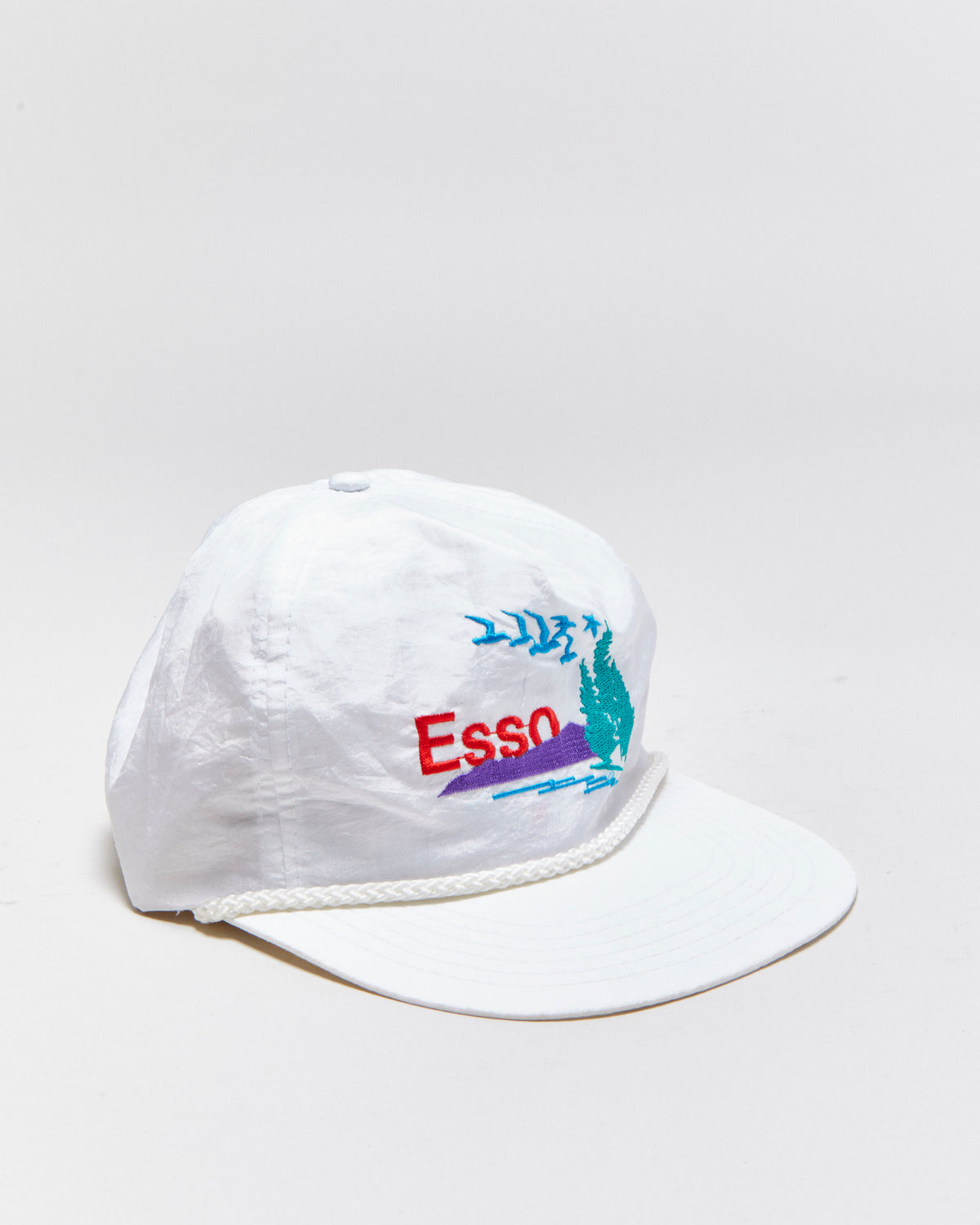 Vintage 1980s Esso Oil Leather Strap Rope Peak Flat Brim Shell Trucker Hat - OS
