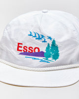 Vintage 1980s Esso Oil Leather Strap Rope Peak Flat Brim Shell Trucker Hat - OS