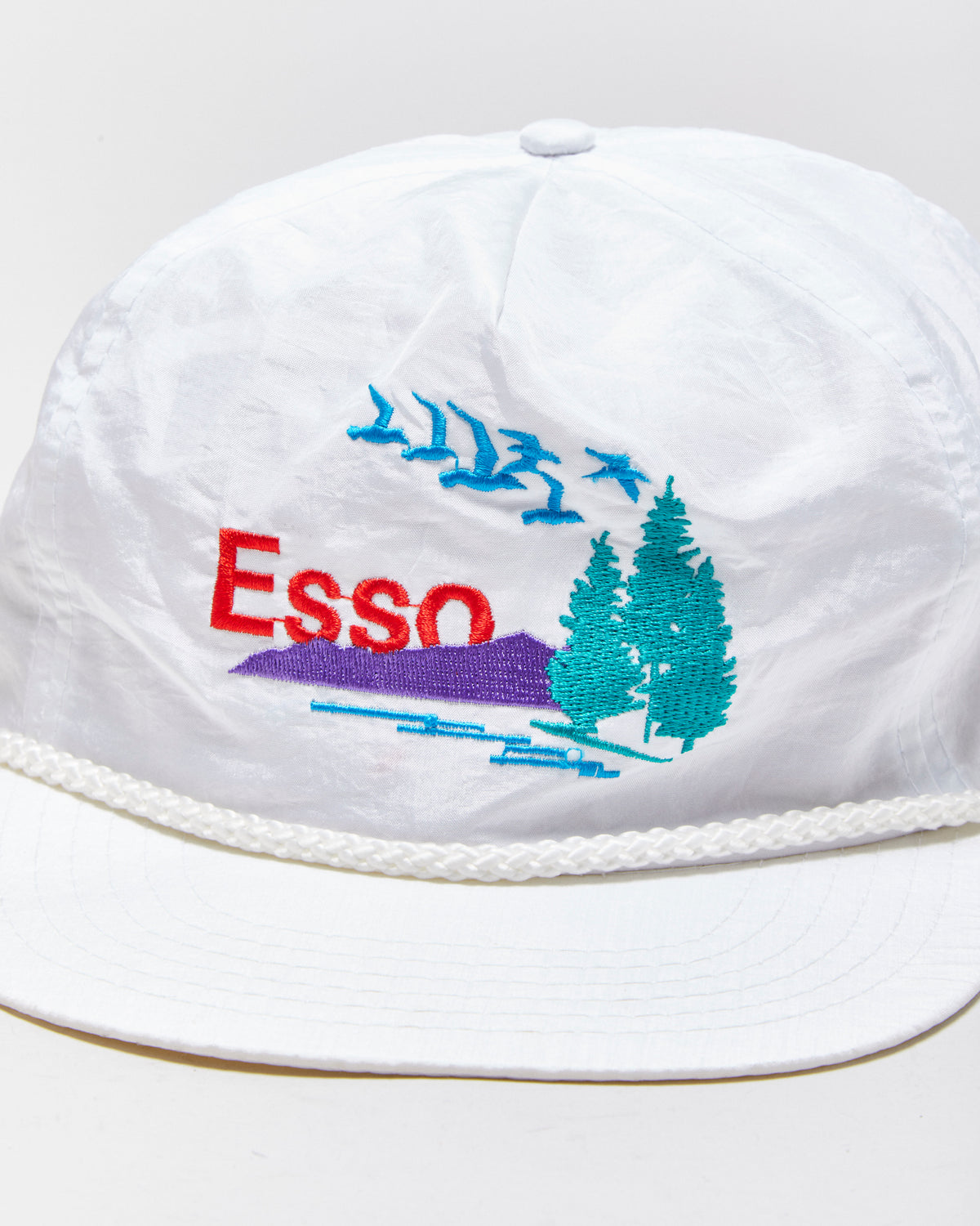 Vintage 1980s Esso Oil Leather Strap Rope Peak Flat Brim Shell Trucker Hat - OS