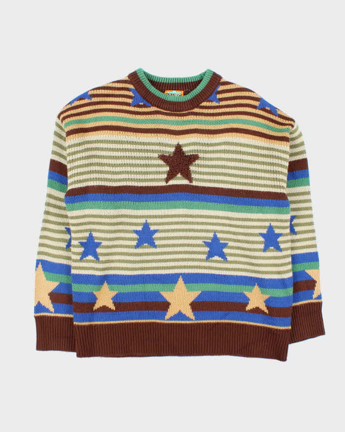 Vintage Unisex YWFG Striped Star Oversized Crewneck Knit Sweater - S