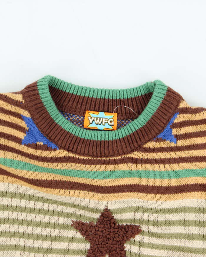 Vintage Unisex YWFG Striped Star Oversized Crewneck Knit Sweater - S