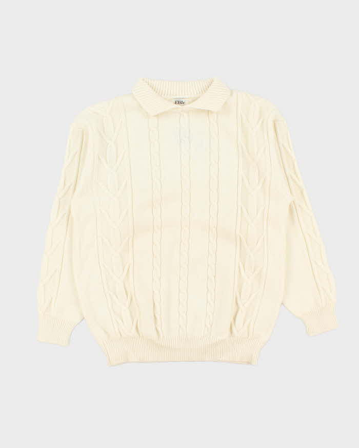 Vintage 1990s Wool Blend Cream Cable-Knit Collared Unisex Sweater - M