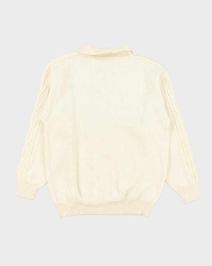 Vintage 1990s Wool Blend Cream Cable-Knit Collared Unisex Sweater - M