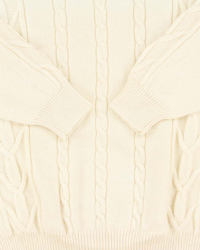Vintage 1990s Wool Blend Cream Cable-Knit Collared Unisex Sweater - M