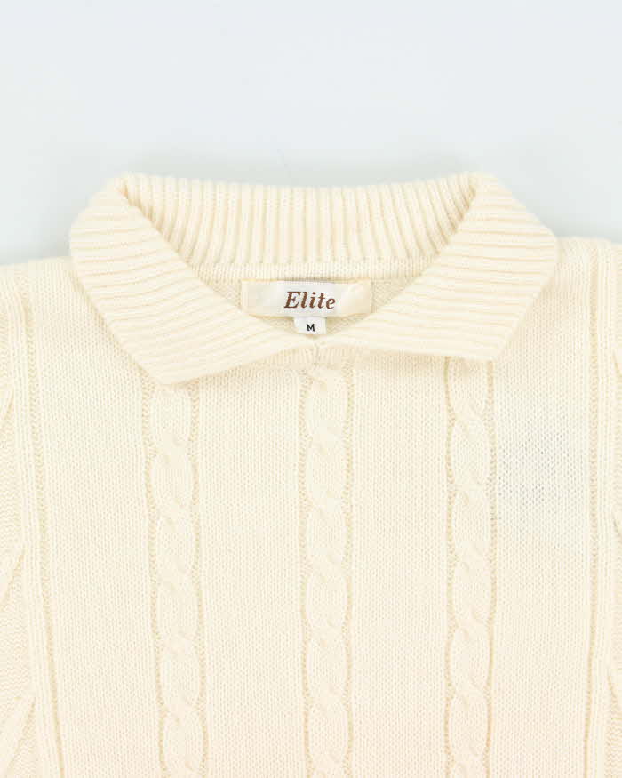 Vintage 1990s Wool Blend Cream Cable-Knit Collared Unisex Sweater - M