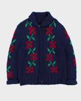 Vintage 1960s Cowigan Wool Floral Chunky Hand Knit Unisex Cardigan - M