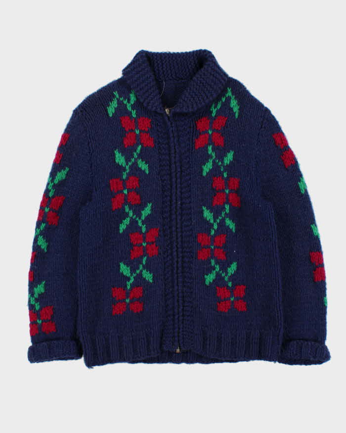 Vintage 1960s Cowigan Wool Floral Chunky Hand Knit Unisex Cardigan - M
