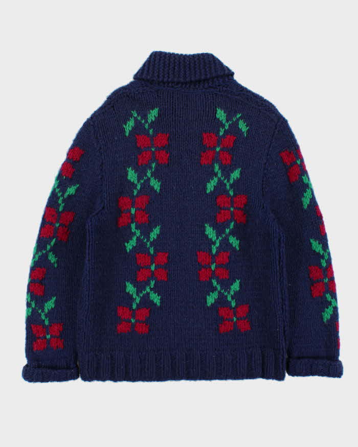 Vintage 1960s Cowigan Wool Floral Chunky Hand Knit Unisex Cardigan - M