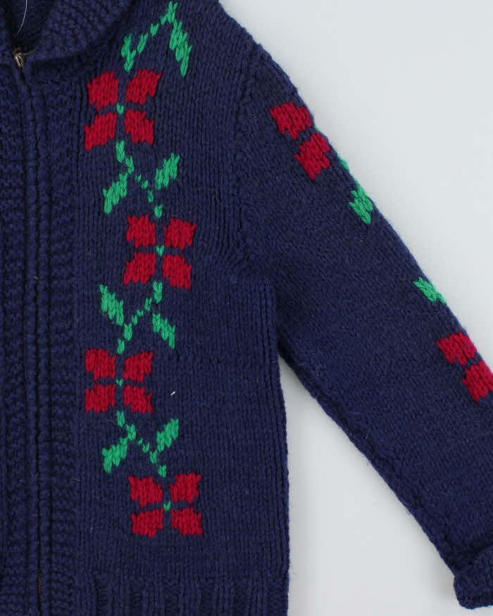 Vintage 1960s Cowigan Wool Floral Chunky Hand Knit Unisex Cardigan - M