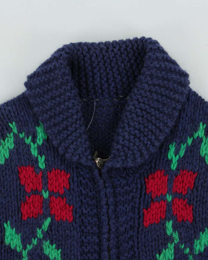 Vintage 1960s Cowigan Wool Floral Chunky Hand Knit Unisex Cardigan - M
