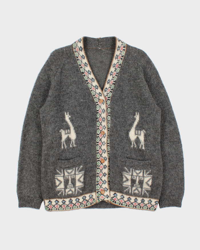 Vintage 1970s Hand Knit Alpaca Wool & Mohair Patterned Unisex Knit Cardigan - M
